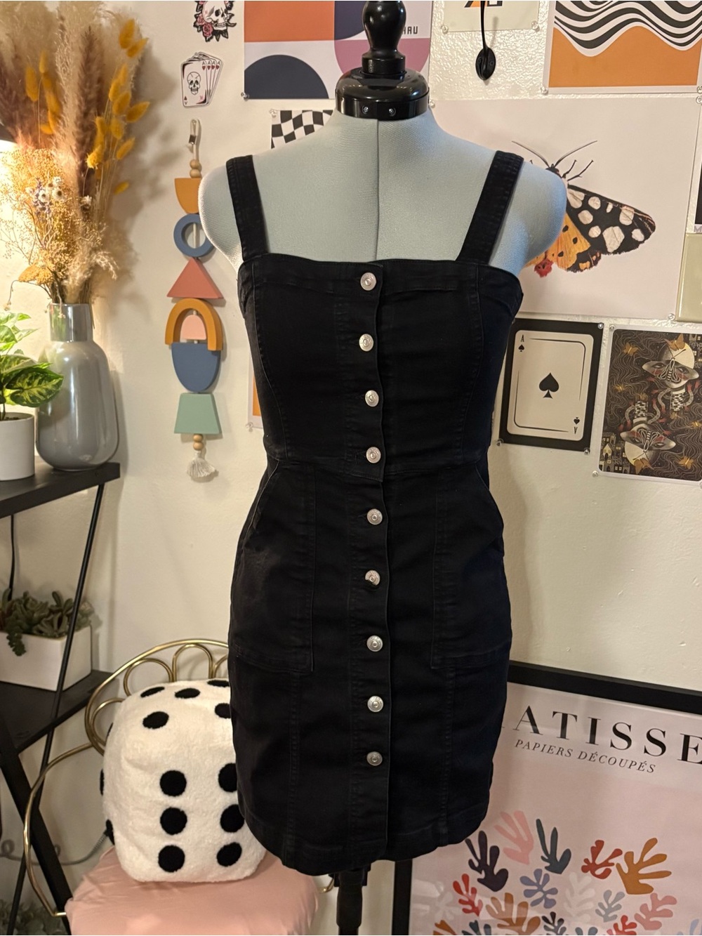 DIVIDED H&M Black Denim Button Front Mini Dress Size XS